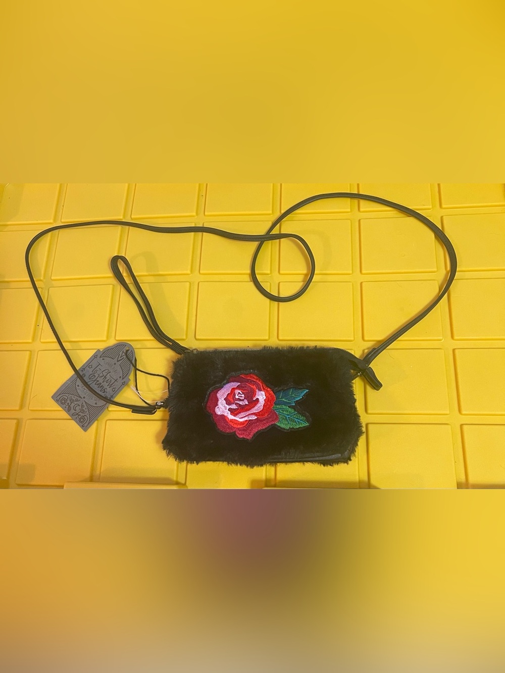 Black Faux Fur Crossbody Bag with Red Rose Embroidery